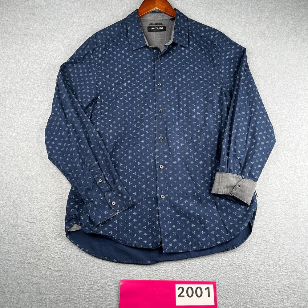 Kenneth Cole Shirt Navy Blue Flip Cuff Button Up Long Sleeve Mens Large